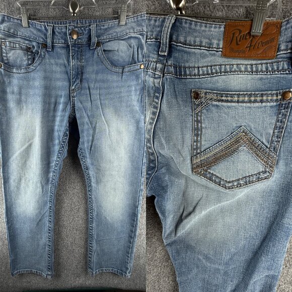Wrangler Rock 47 Slim Straight Blue Jeans Men Embroidered Western ACTL 34X29 - Picture 1 of 16